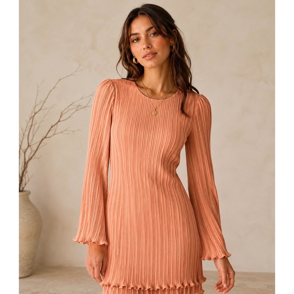 AIIFOS Pleated Open Back Mini Dress Terracotta Peach Bell Sleeve Ruffle Hem